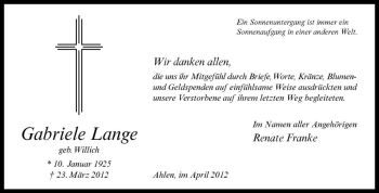 Anzeige von Gabriele Lange von Westfälische Nachrichten