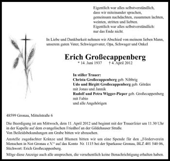 Anzeige von Erich Großecappenberg von Westfälische Nachrichten