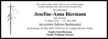 Anzeige von Josefine-Anna Biermann von Westfälische Nachrichten