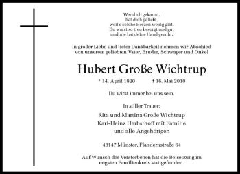 Anzeige von Hubert Große Wichtrup von Westfälische Nachrichten