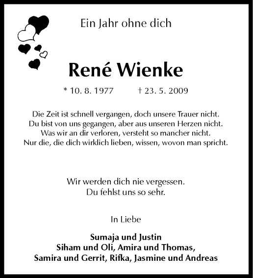  Traueranzeige für René Wienke vom 22.05.2010 aus Westfälische Nachrichten