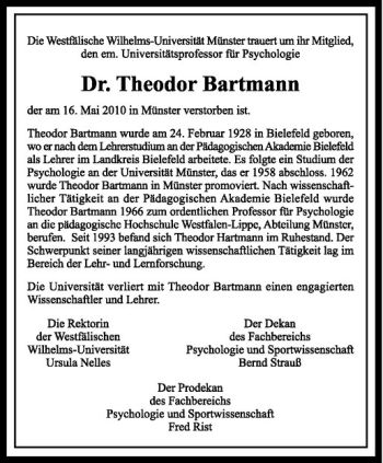 Anzeige von Theodor Bartmann von Westfälische Nachrichten