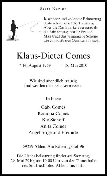 Anzeige von Klaus-Dieter Comes von Westfälische Nachrichten