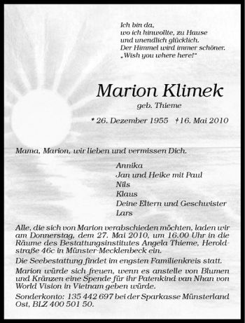 Anzeige von Marion Klimek von Westfälische Nachrichten