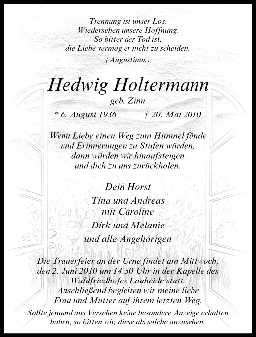  Traueranzeige für Hedwig Holtermann vom 29.05.2010 aus Westfälische Nachrichten