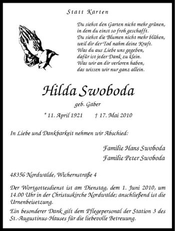 Anzeige von Hilda Swoboda von Westfälische Nachrichten