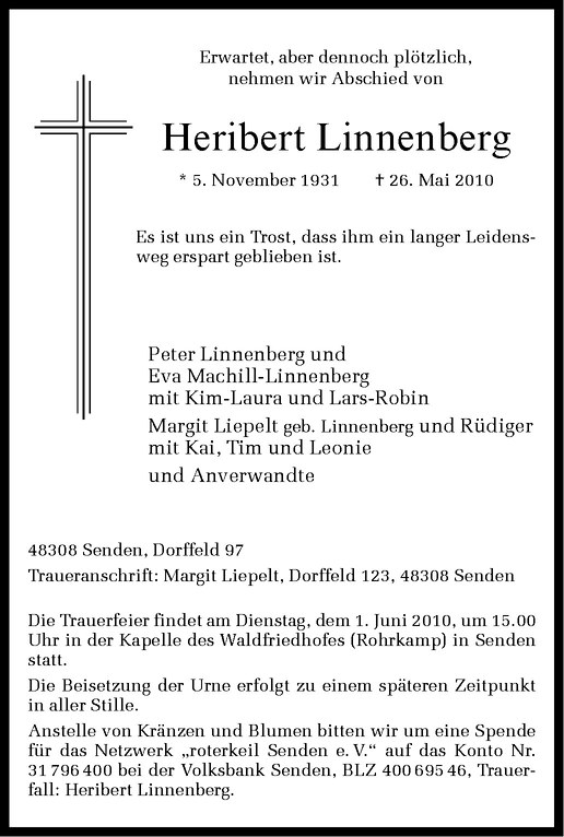  Traueranzeige für Heribert Linnenberg vom 29.05.2010 aus Westfälische Nachrichten