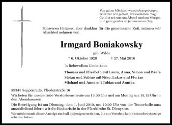 Anzeige von Irmgard Boniakowsky von Westfälische Nachrichten
