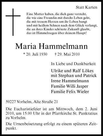 Anzeige von Maria Hammelmann von Westfälische Nachrichten