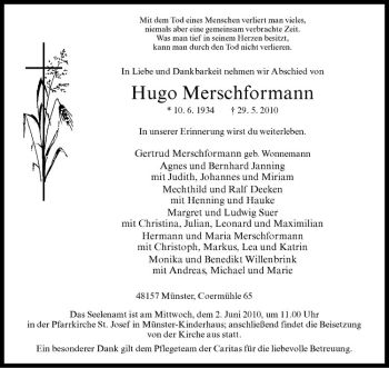Anzeige von Hugo Merschformann von Westfälische Nachrichten