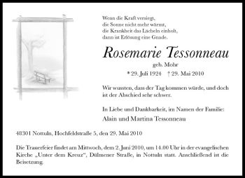 Anzeige von Rosemarie Tessoneau von Westfälische Nachrichten