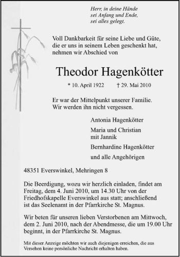 Anzeige von Theodor Hagenkötter von Westfälische Nachrichten