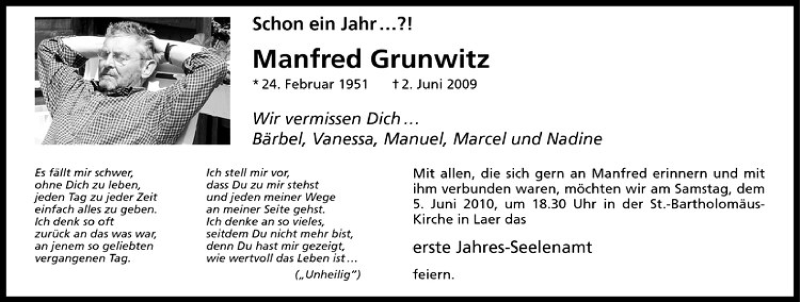  Traueranzeige für Manfred Grunwitz vom 03.06.2010 aus Westfälische Nachrichten