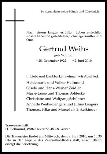 Anzeige von Gertrud Weihs von Westfälische Nachrichten