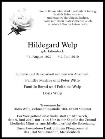 Anzeige von Hildegard Welp von Westfälische Nachrichten