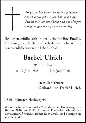 Anzeige von Bärbel Ulrich von Westfälische Nachrichten