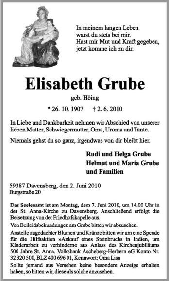 Anzeige von Elisabeth Grube von Westfälische Nachrichten