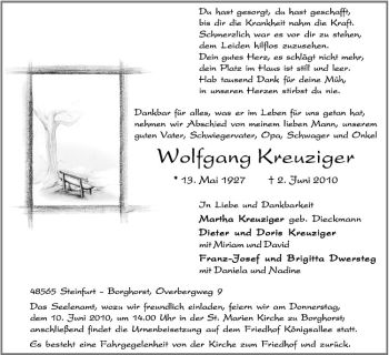 Anzeige von Wolfgang Kreuziger von Westfälische Nachrichten