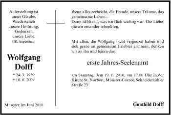 Anzeige von Wolfgang Dolff von Westfälische Nachrichten