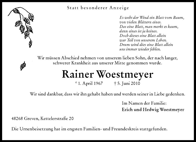 Traueranzeige für Rainer Woestmeyer vom 16.06.2010 aus Westfälische Nachrichten