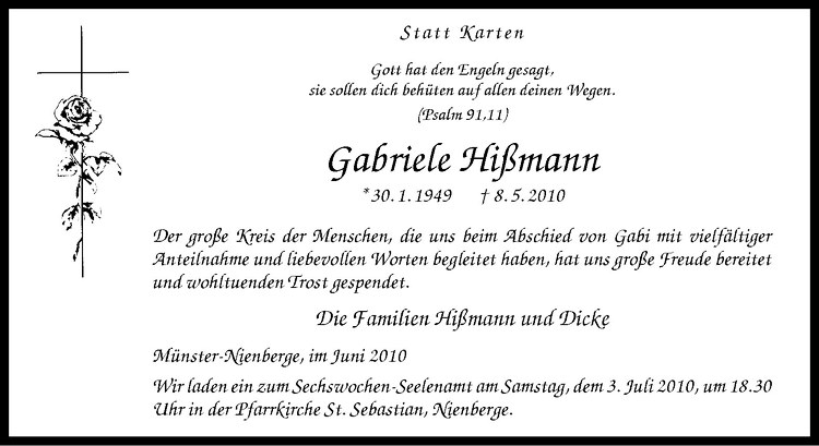  Traueranzeige für Gabriele Hißmann vom 26.06.2010 aus Westfälische Nachrichten