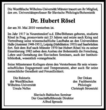 Anzeige von Hubert Rösel von Westfälische Nachrichten