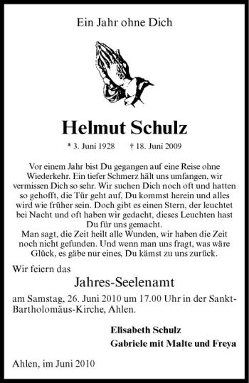 Anzeige von Helmut Schulz von Westfälische Nachrichten