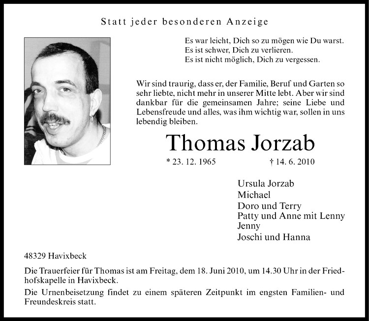  Traueranzeige für Thomas Jorzab vom 17.06.2010 aus Westfälische Nachrichten