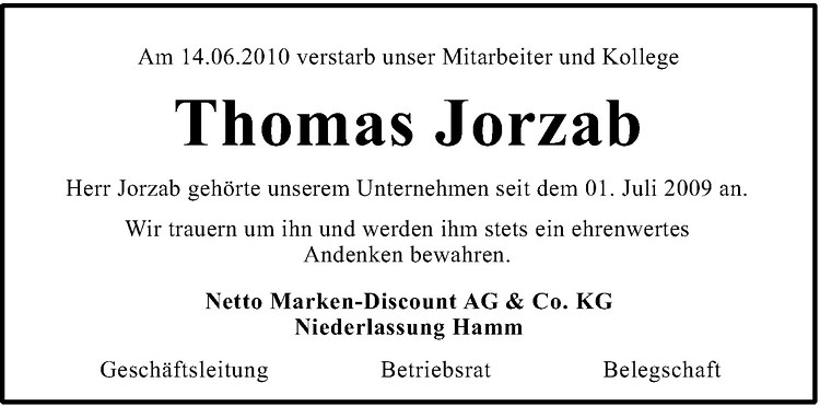  Traueranzeige für Thomas Jorzab vom 18.06.2010 aus Westfälische Nachrichten