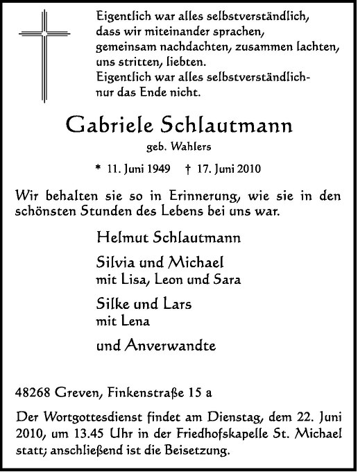  Traueranzeige für Gabriele Schlautmann vom 19.06.2010 aus Westfälische Nachrichten