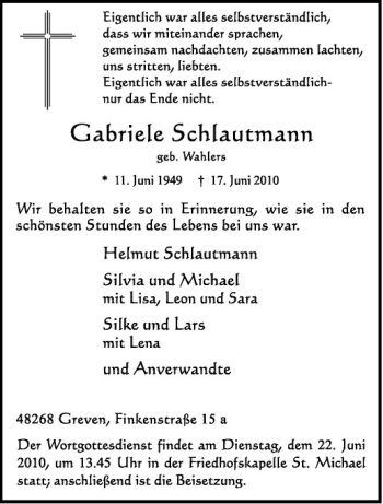Anzeige von Gabriele Schlautmann von Westfälische Nachrichten