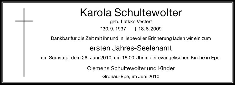 Traueranzeige für Karola Schultewolter vom 23.06.2010 aus Westfälische Nachrichten