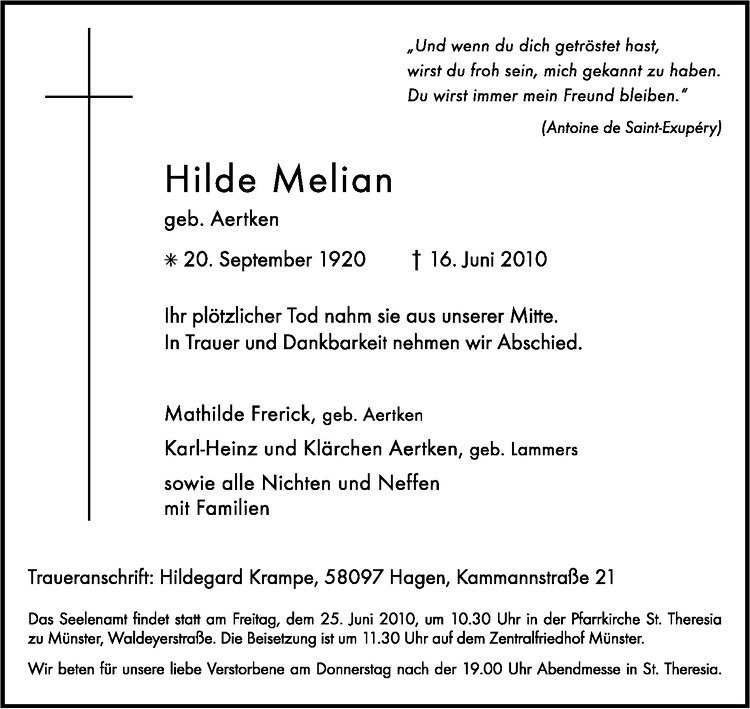  Traueranzeige für Hilde Melian vom 23.06.2010 aus Westfälische Nachrichten