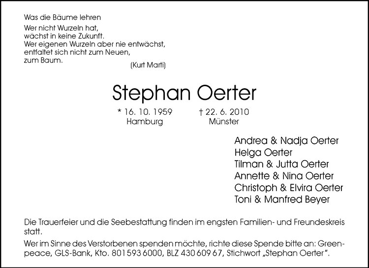  Traueranzeige für Stephan Oerter vom 26.06.2010 aus Westfälische Nachrichten