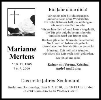 Anzeige von Marianne Mertens von Westfälische Nachrichten