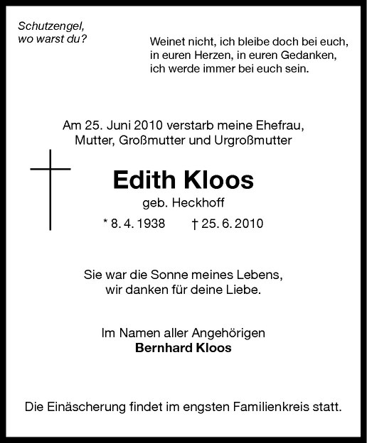  Traueranzeige für Edith Kloos vom 28.06.2010 aus Westfälische Nachrichten