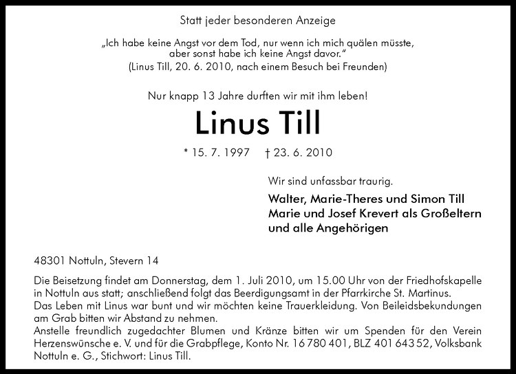  Traueranzeige für Linus Till vom 28.06.2010 aus Westfälische Nachrichten