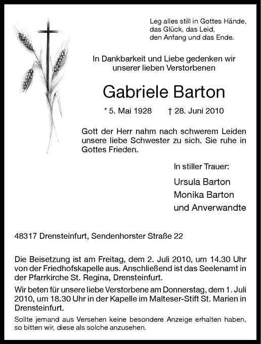  Traueranzeige für Gabriele Barton vom 29.06.2010 aus Westfälische Nachrichten