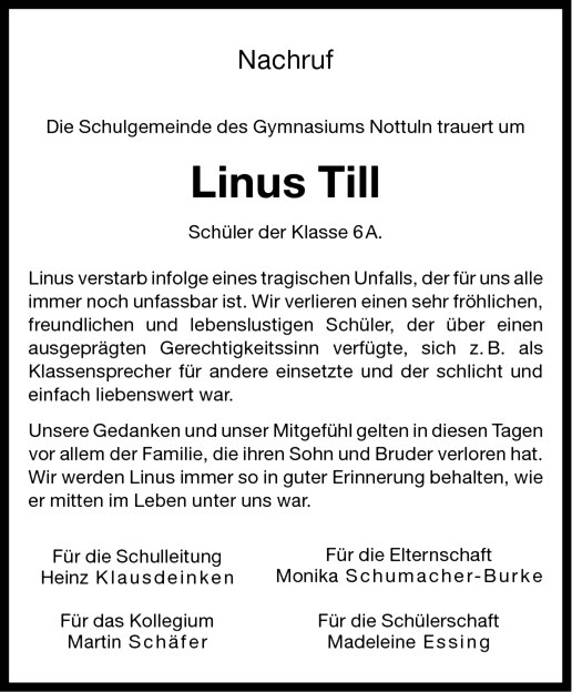  Traueranzeige für Linus Till vom 01.07.2010 aus Westfälische Nachrichten
