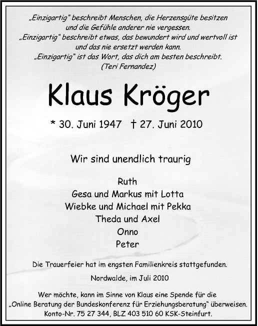  Traueranzeige für Klaus Kröger vom 05.07.2010 aus Westfälische Nachrichten