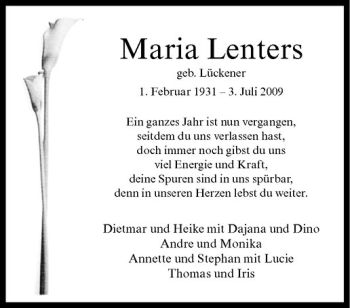 Anzeige von Maria Lenters von Westfälische Nachrichten