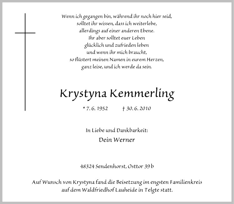  Traueranzeige für Krystyna Kemmerling vom 07.07.2010 aus Westfälische Nachrichten