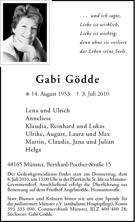  Traueranzeige für Gabi Gödde vom 06.07.2010 aus Westfälische Nachrichten