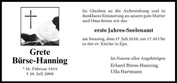 Anzeige von Grete Bürse-Hanning von Westfälische Nachrichten