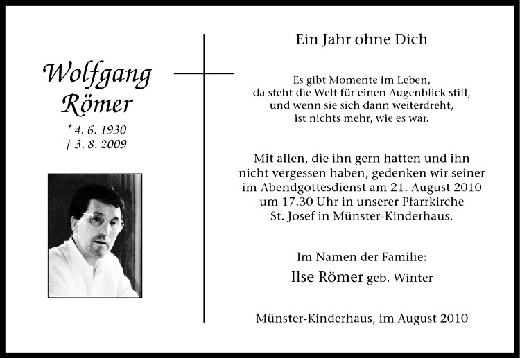  Traueranzeige für Wolfgang Römer vom 14.08.2010 aus Westfälische Nachrichten