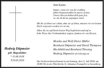 Anzeige von Hedwig Düpmeier von Westfälische Nachrichten