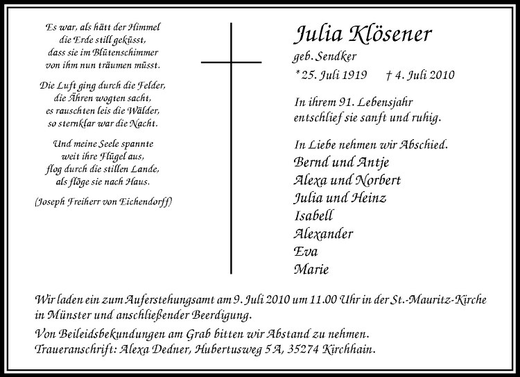  Traueranzeige für Julia Klösener vom 08.07.2010 aus Westfälische Nachrichten