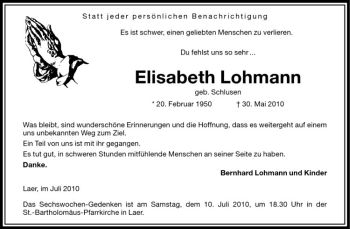 Anzeige von Elisabeth Lohmann von Westfälische Nachrichten