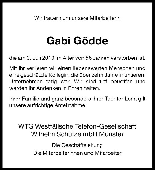  Traueranzeige für Gabi Gödde vom 08.07.2010 aus Westfälische Nachrichten
