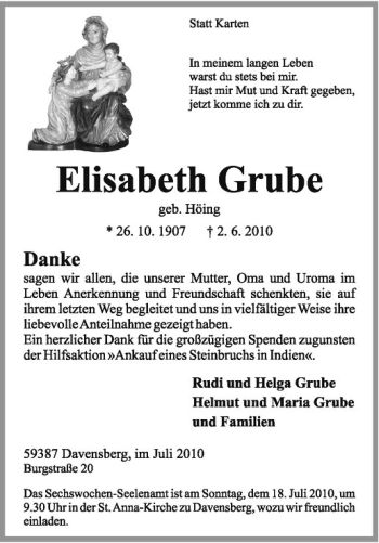 Anzeige von Elisabeth Grube von Westfälische Nachrichten